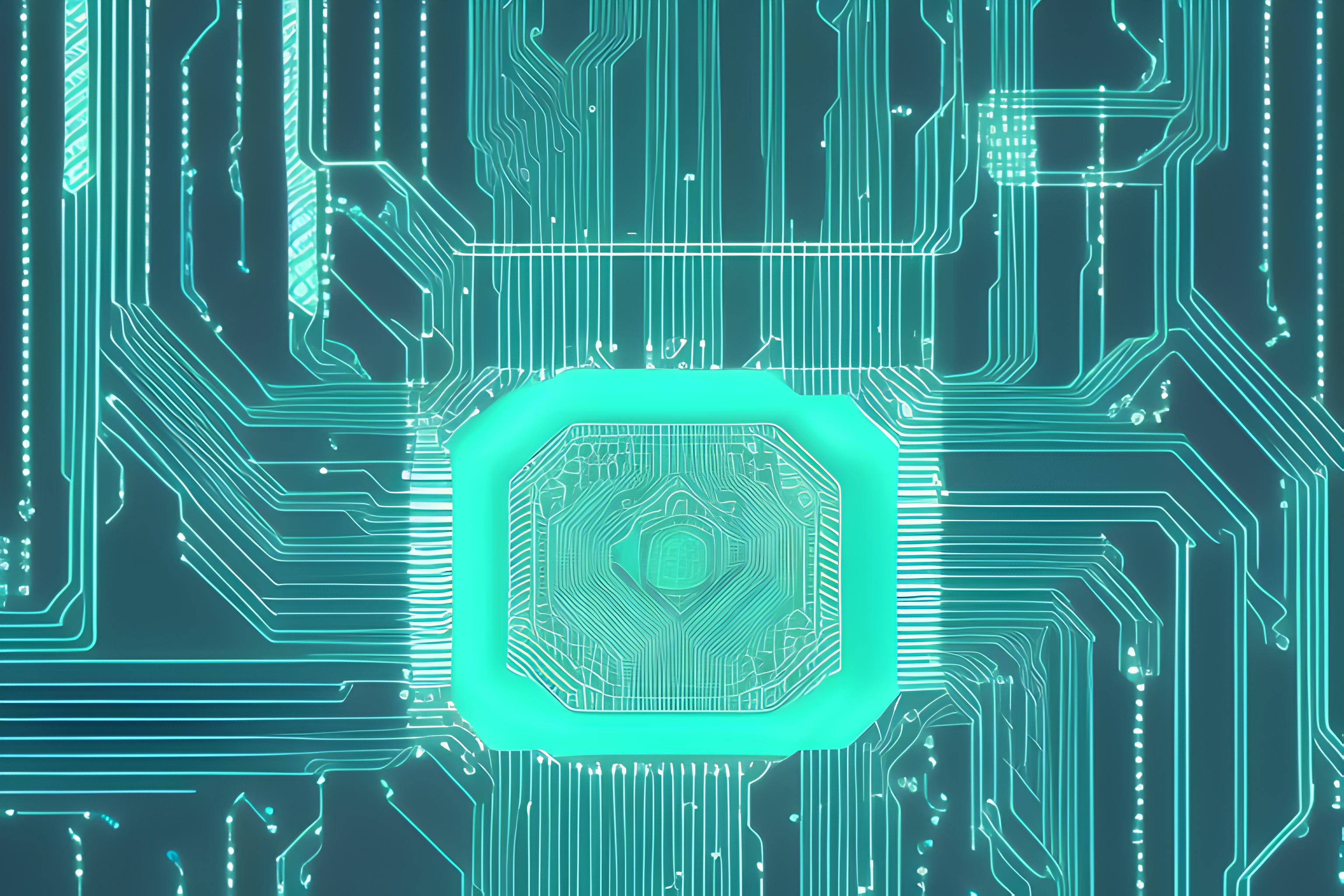 A circuit board design centered around a futuristic CPU with the traces arranged like city blocks and the data and power flows shown like futuristic flying vehicles
